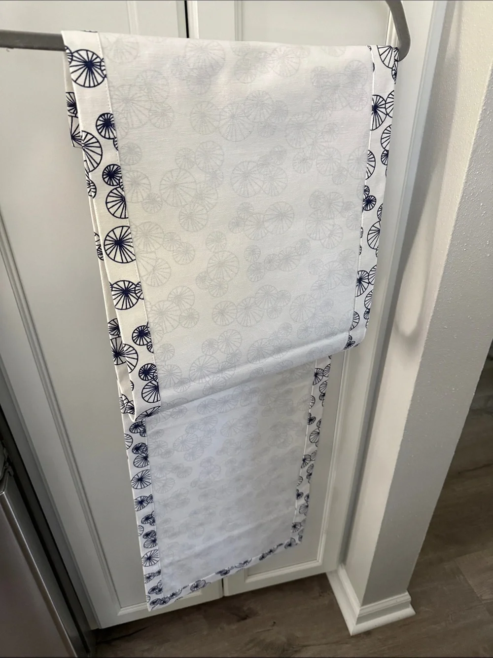 Navy and White Patterned Table Runners- 13.5”x74”ea. Fun for patio, dining table